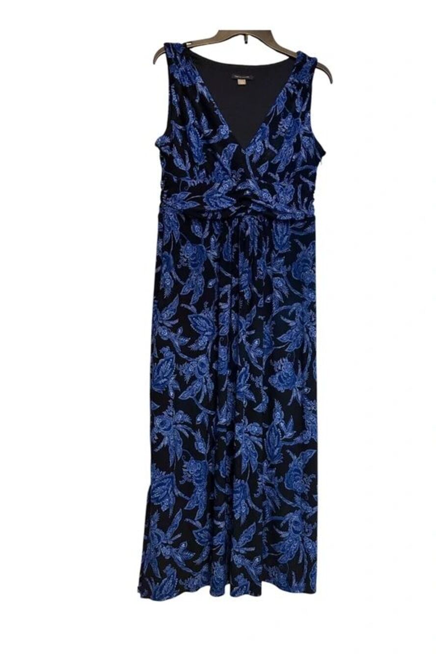 Tommy Hilfiger Blue Floral Maxi Dress Sleeveless V-Neck Cinch Waist Long Dress